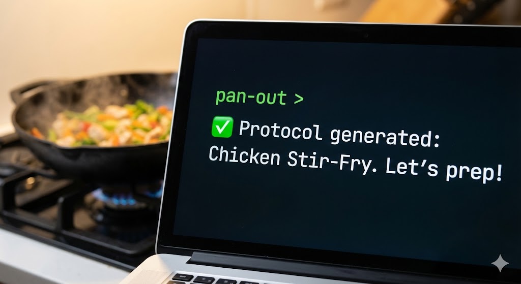 Pan Out terminal showing a generated protocol, with a stir-fry cooking on a gas stove in the background